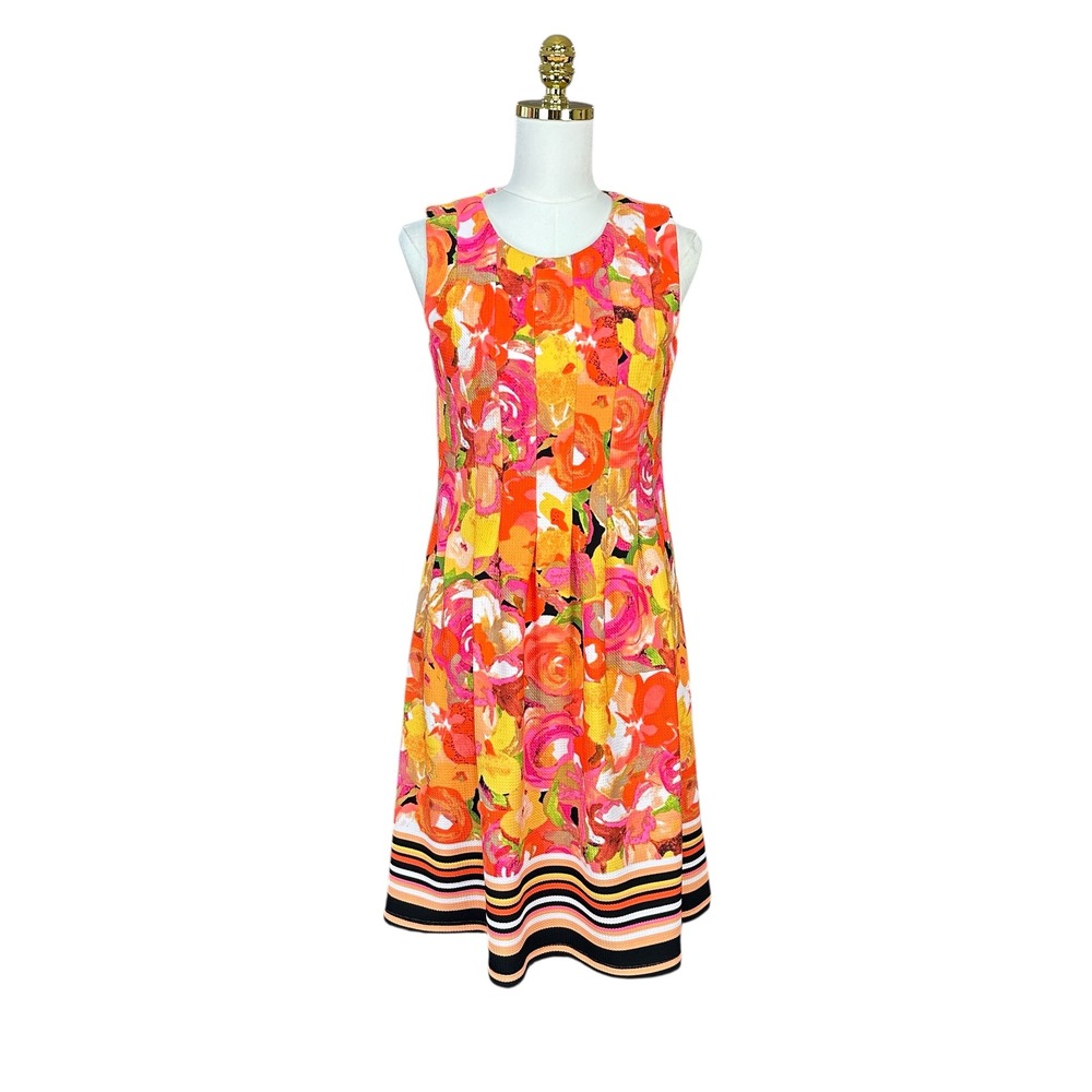 Shelby & Palmer Floral Pleated Shift Dress Orange Pink Yellow‎ Striped Sz M